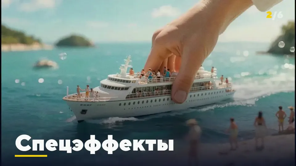 Кадр шоурила Фиесты: рука ставит лайнер в море — спецэффекты с ИИ